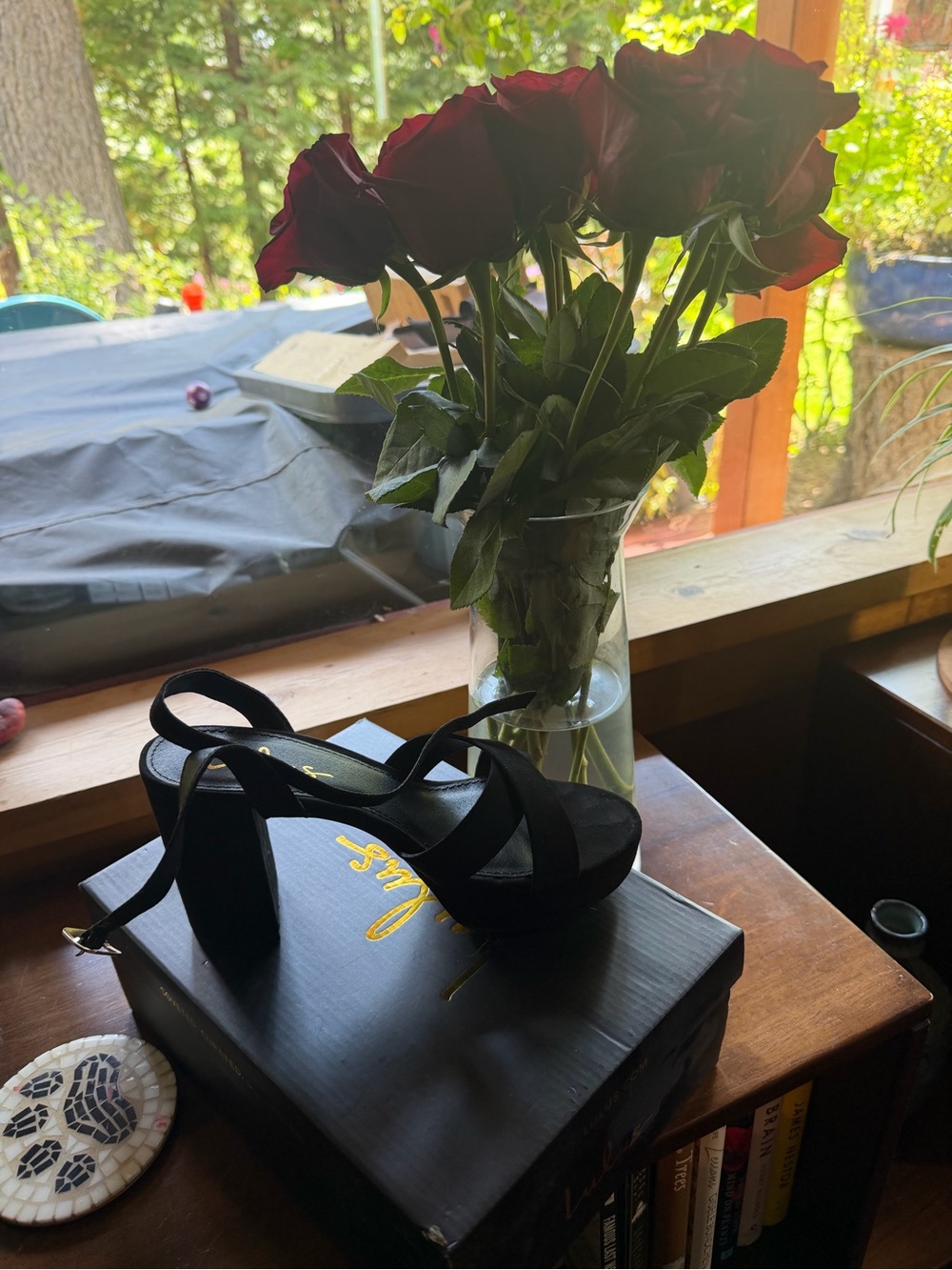 New w box.  Lulu’s size 7.5 black suede Selah heels.  Never worn.